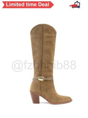 Faux Suede Pointed Toe Knee High Western Boots Chunky Heel Pull On